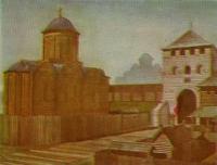 Федоров монастырь XII в. и Софийские ворота X в. Реконструкция автора. Рисунок Е. Тузмана