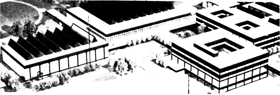 Макет спортивного комплекса со спортзалом, центральным сооружением, учебным корпусом и малыми залами
