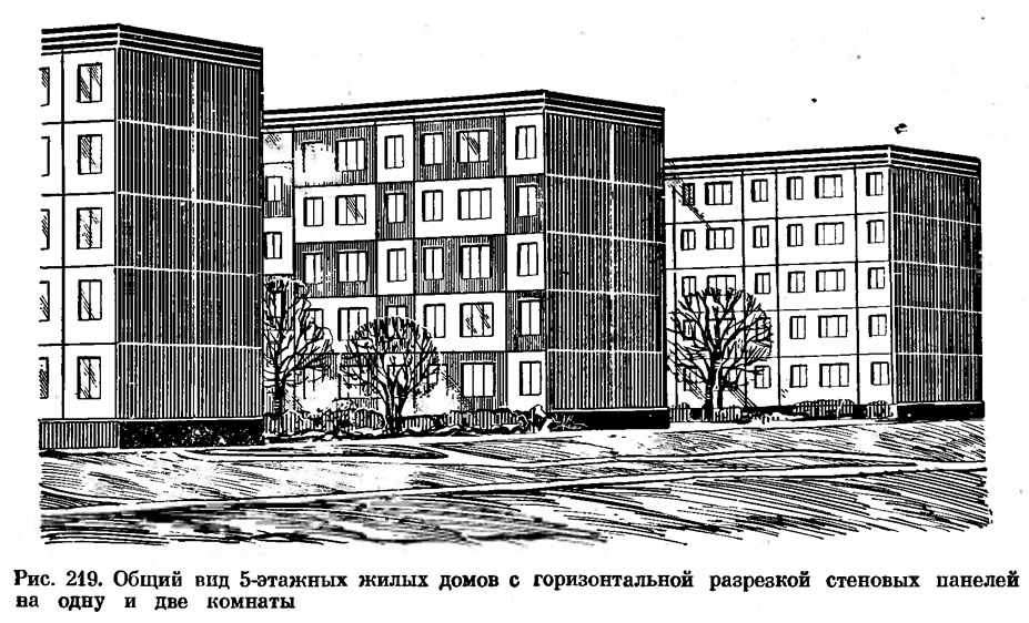 Рис. 219. Общий вид 5-этажных жилых домов с горизонтальной разрезкой панелей