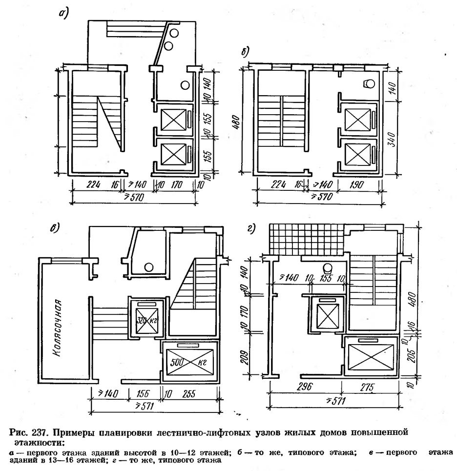 Рис. 237. Примеры планировки лестнично-лифтовых узлов жилых домов повышенной этажности