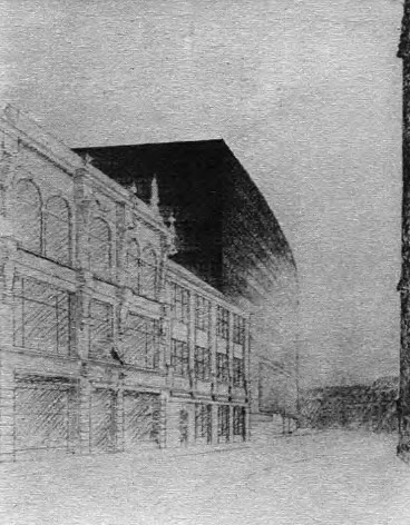 Сооружение в городе. Л. Мис ван дер Роэ. Рисунок, 1933