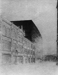 Сооружение в городе. Л. Мис ван дер Роэ. Рисунок, 1933