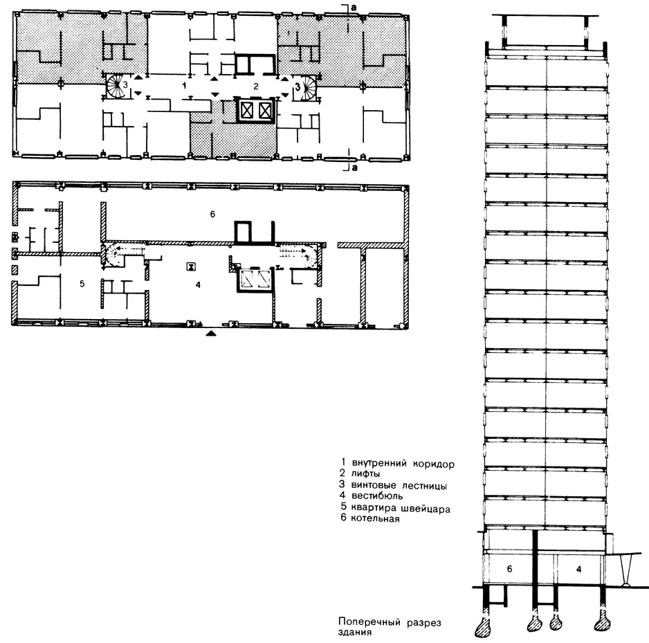 Типовой этаж и поперечный разрез здания