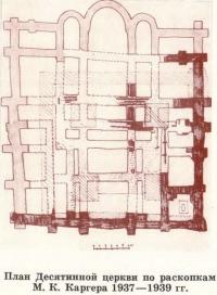 План Десятинной церкви по раскопкам М. К. Каргера 1937—1939 гг.