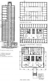 План этажей и поперечный разрез здания