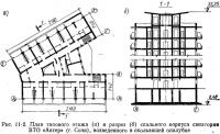 Рис. 11-2. План типового этажа и разрез спального корпуса санатория ВТО «Актер»