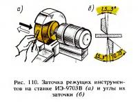 Рис. 110. Заточка режущих инструментов на станке ИЭ-9703В и углы их заточки