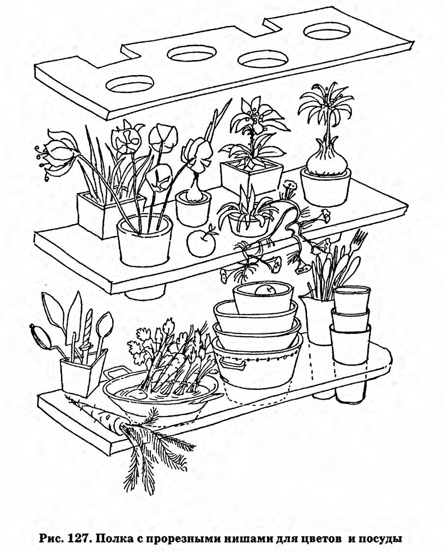Рис. 127. Полка с прорезными нишами для цветов и посуды»: рисунок из статьи  «Дизайн многофункциональной мебели для загородного дома» | ARHPLAN.ru