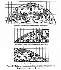 Рис. 187. Шаблон композиции полукруглой формы из контурных фигур птиц