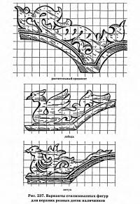 Рис. 237. Варианты стилизованных фигур для верхних резных досок наличников