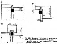 Рис. 257. Примеры прививки к модульным осям наружных стен каркасных зданий