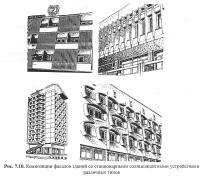 Рис. 7.10. Композиции фасадов зданий с солнцезащитными устройствами