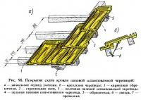 Рис. 98. Покрытие ската кровли пазовой штампованной черепицей